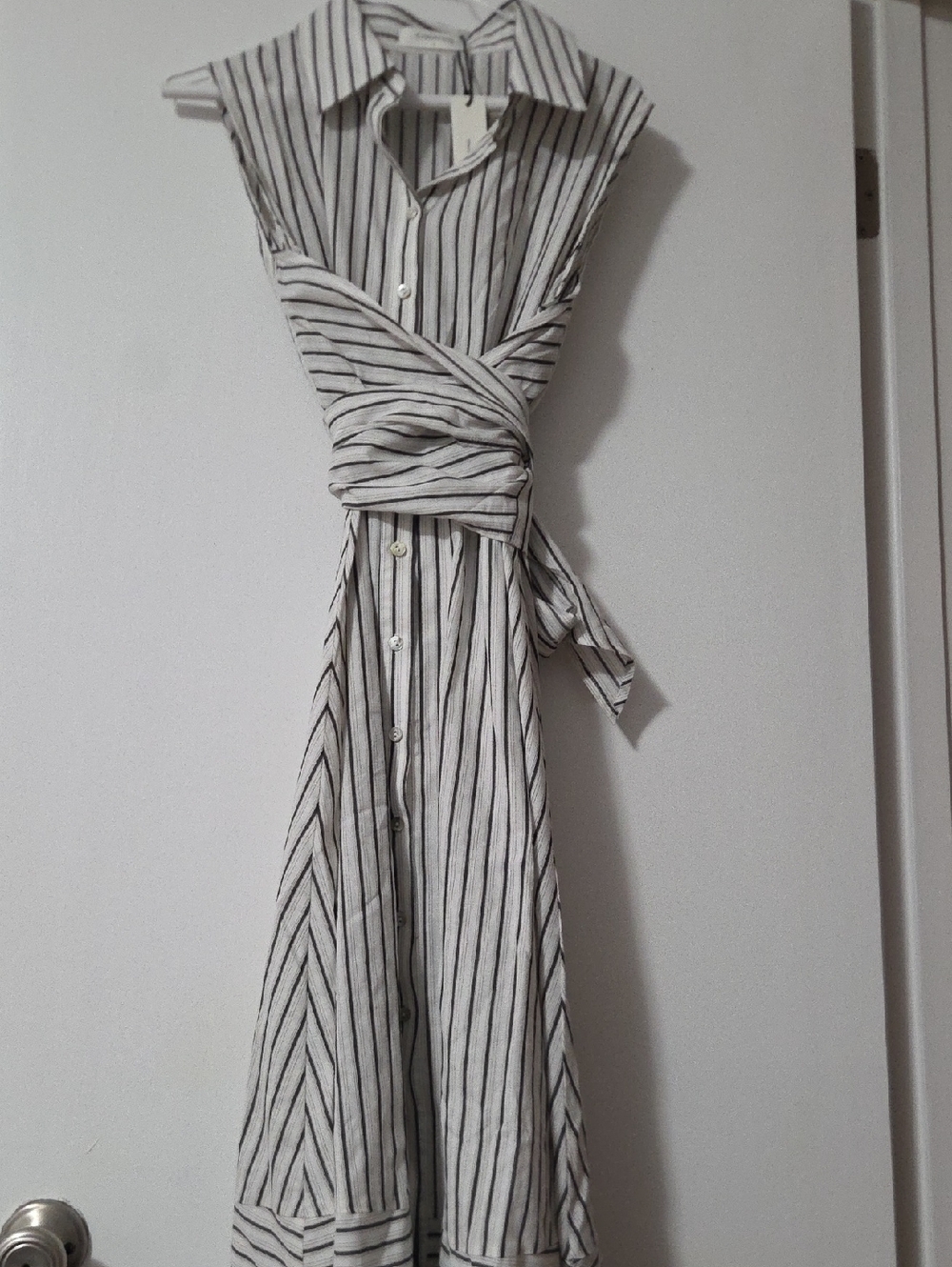 Commense White Striped Button Midi Dress with Waist Tie